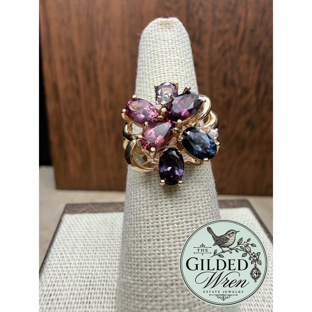 Vintage 14K Gold Multicolor Spinel Sapphire Cocktail Ring Mid Century Sz 6.75 - Picture 11 of 16
